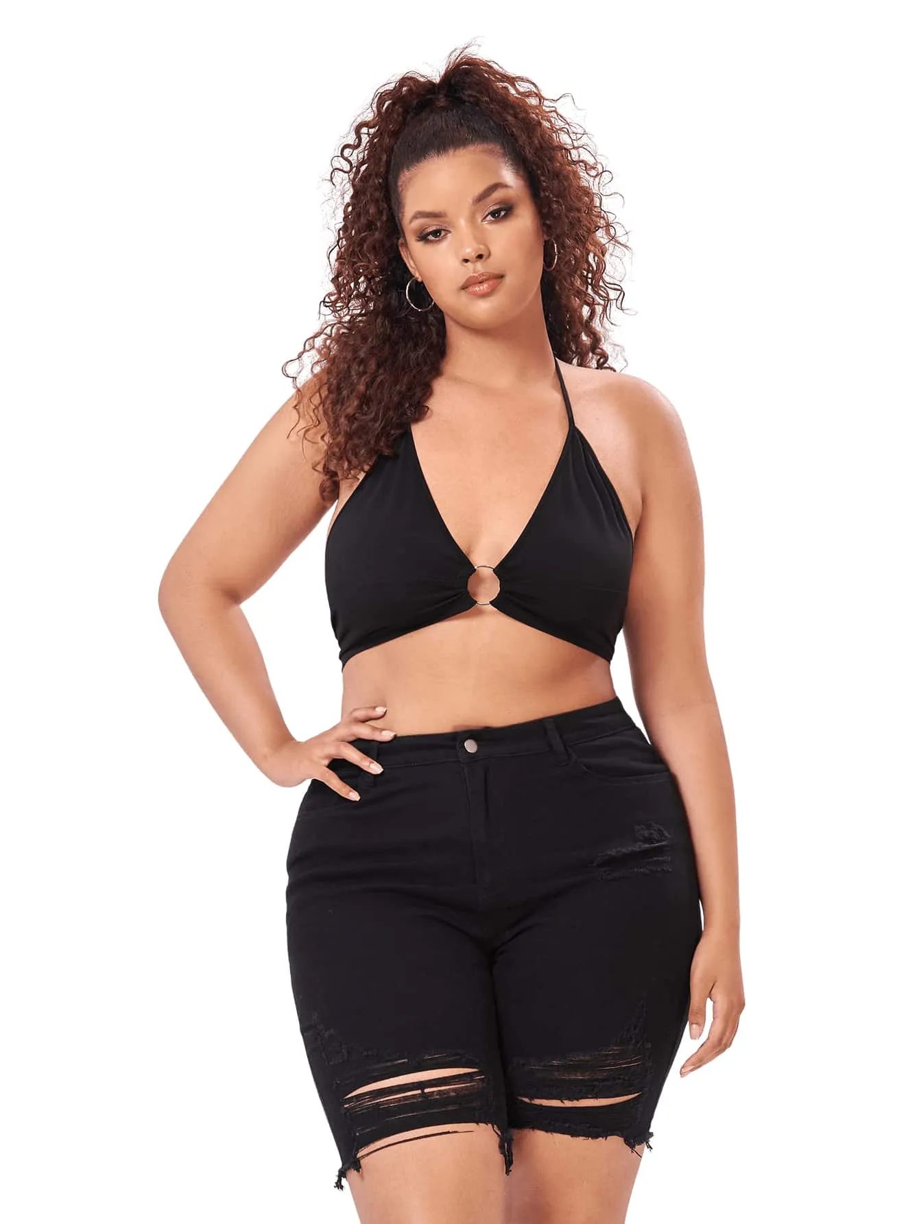 Plain Ripped High Waist Plus Size Denim Shorts