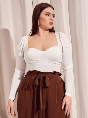 Plain Ruched Long Sleeve Sweetheart Crop Plus Size T-Shirt