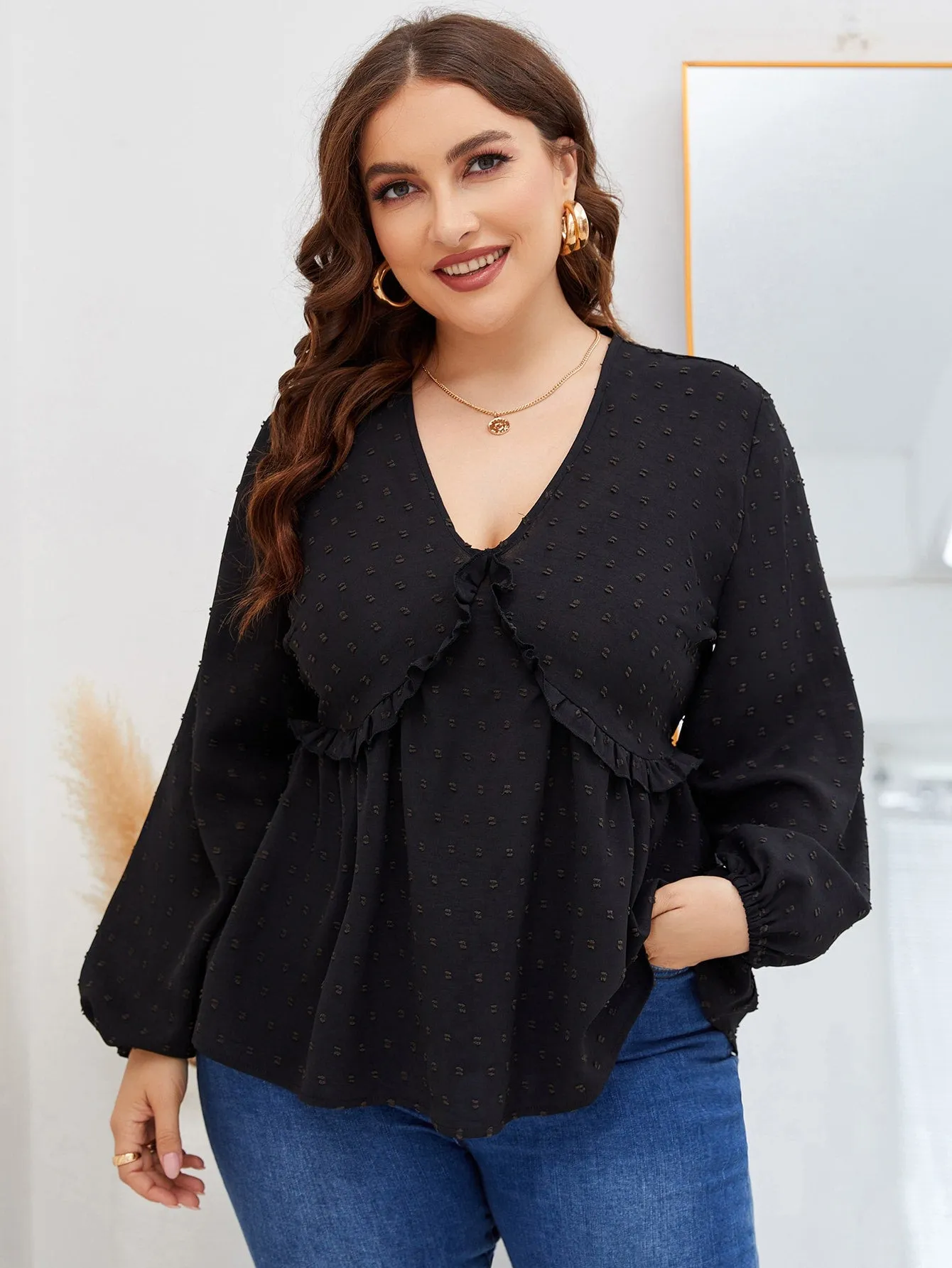 Plain Ruffle Hem Long Sleeve Deep V Neck Regular Plus Blouse