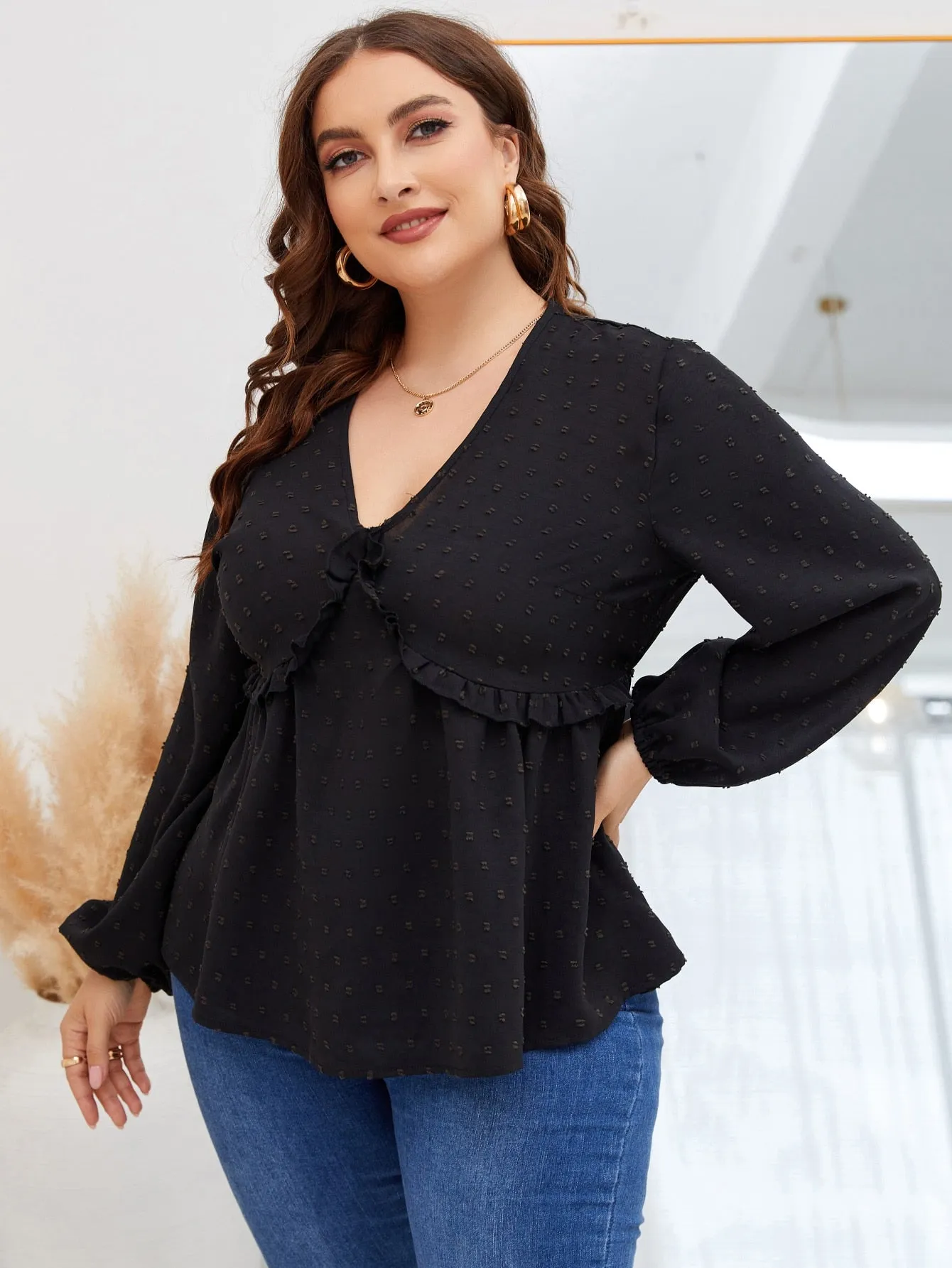 Plain Ruffle Hem Long Sleeve Deep V Neck Regular Plus Blouse