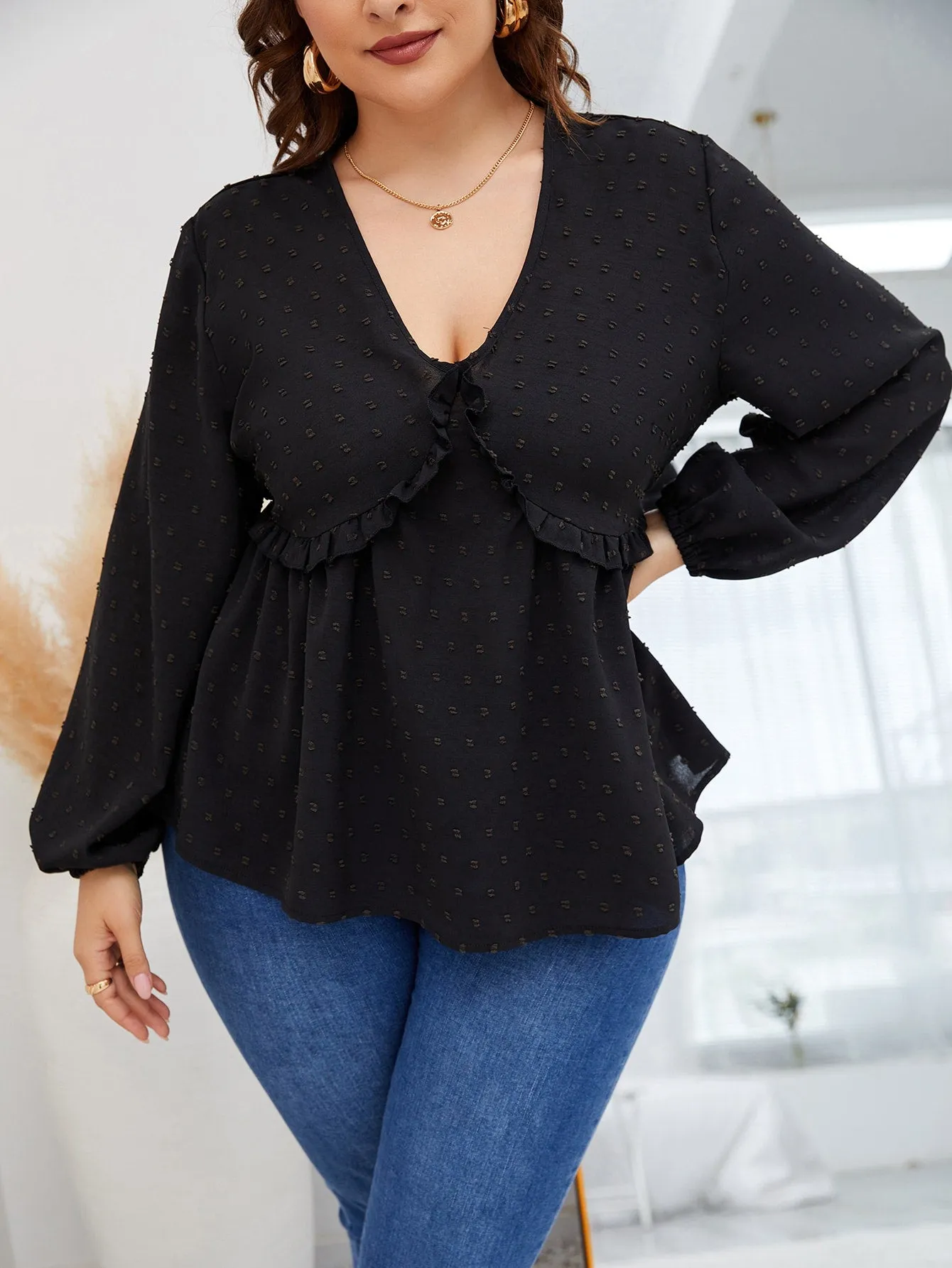 Plain Ruffle Hem Long Sleeve Deep V Neck Regular Plus Blouse