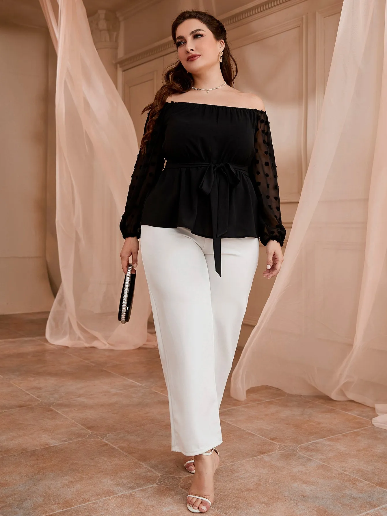 Plain Ruffle Hem Long Sleeve Off The Shoulder Flared Regular Plus Size Blouse
