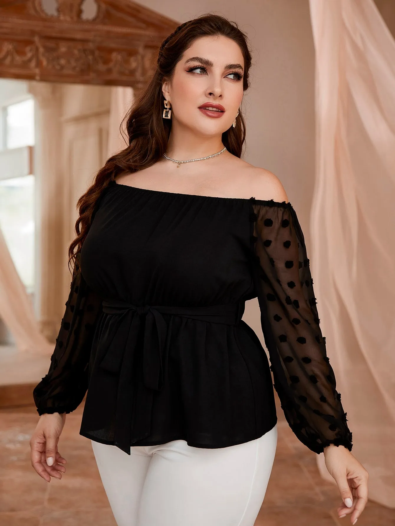 Plain Ruffle Hem Long Sleeve Off The Shoulder Flared Regular Plus Size Blouse