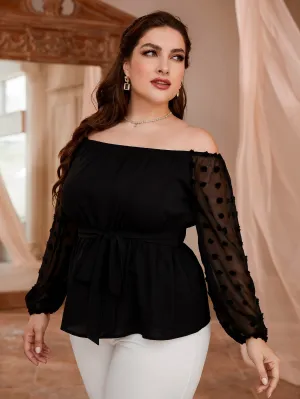 Plain Ruffle Hem Long Sleeve Off The Shoulder Flared Regular Plus Size Blouse