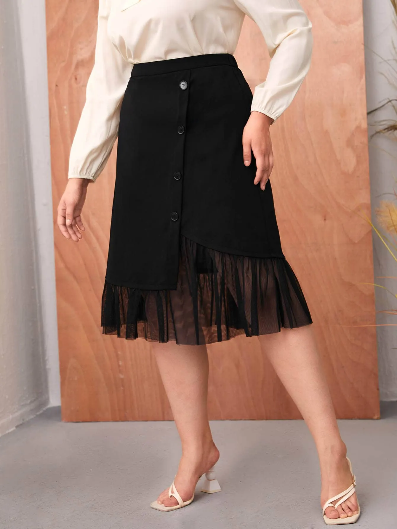 Plain Ruffle Hem Midi Plus Size Skirt