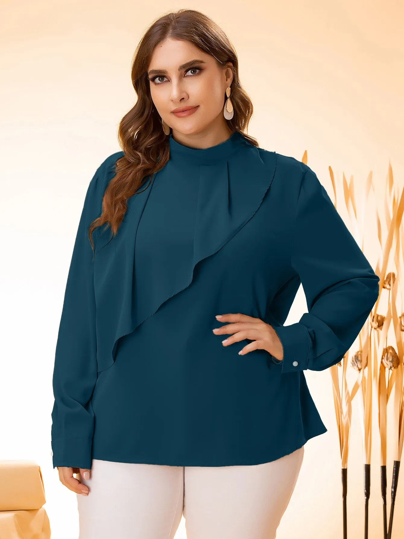 Plain Ruffle Long Sleeve Stand Collar Long Plus Size Blouse