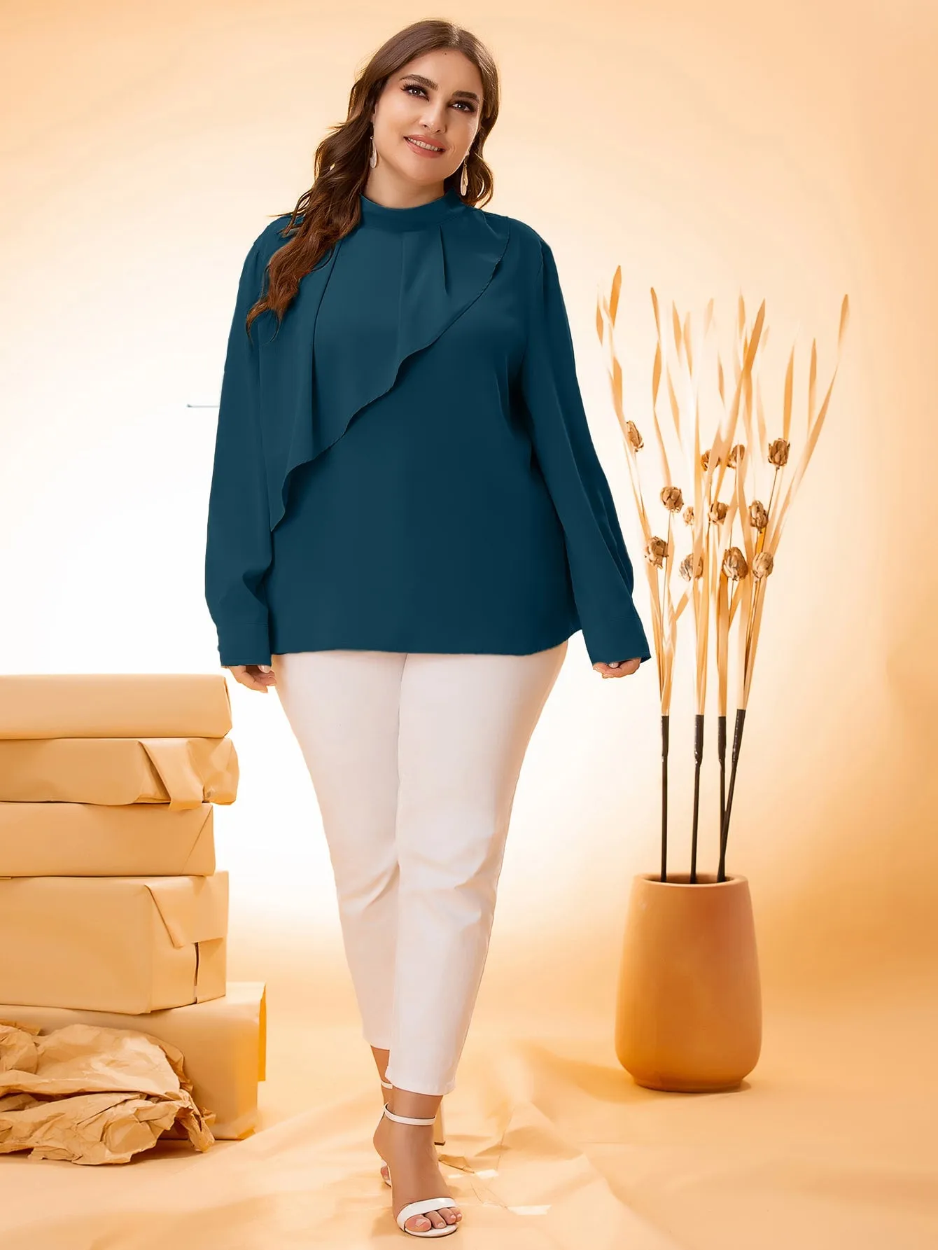 Plain Ruffle Long Sleeve Stand Collar Long Plus Size Blouse