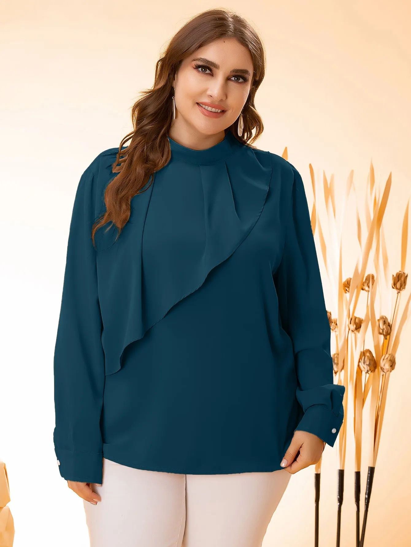 Plain Ruffle Long Sleeve Stand Collar Long Plus Size Blouse