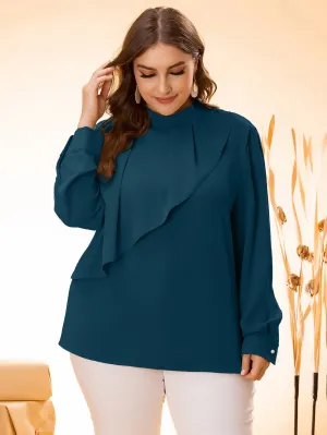 Plain Ruffle Long Sleeve Stand Collar Long Plus Size Blouse