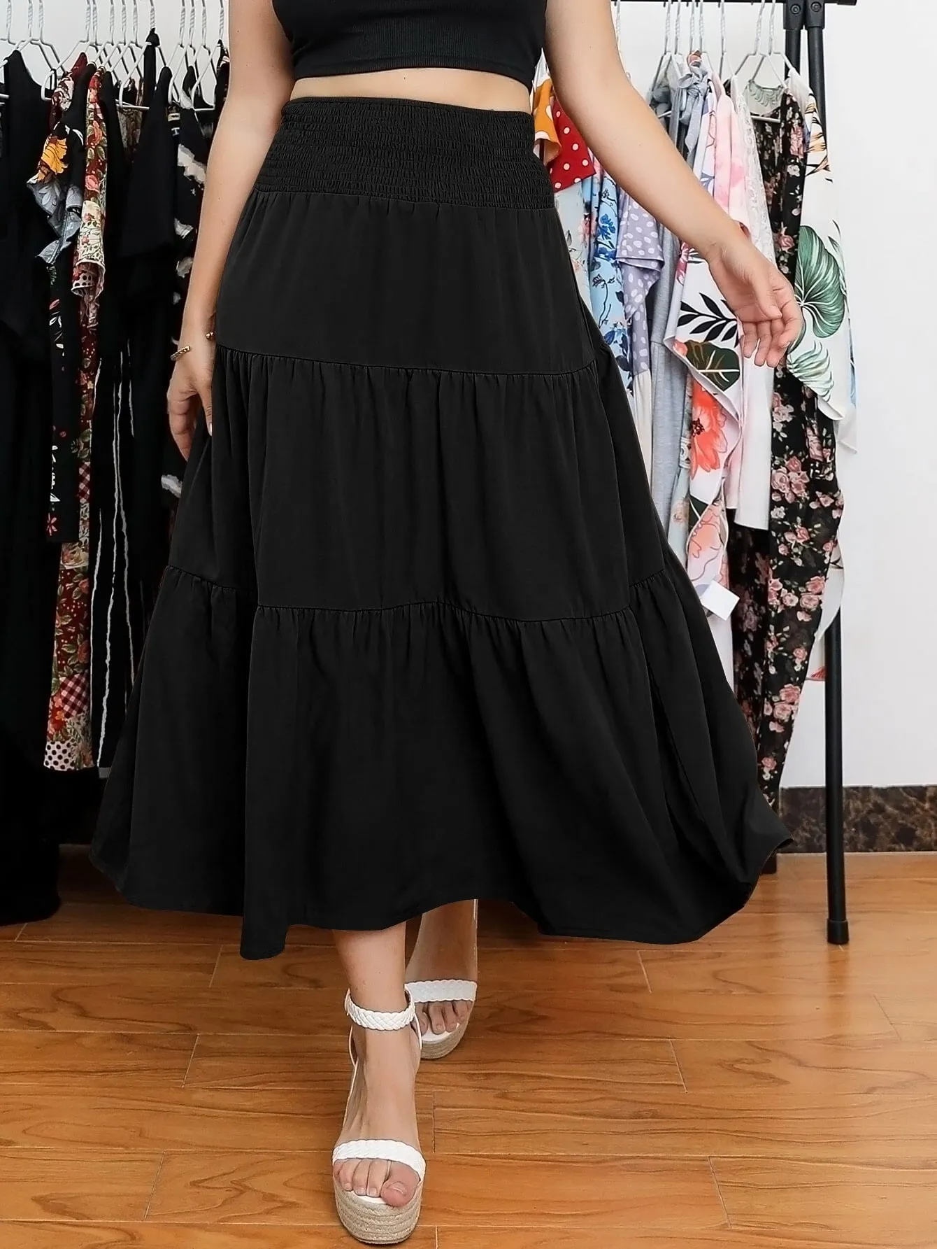 Plain Shirred Long Plus Size Skirt
