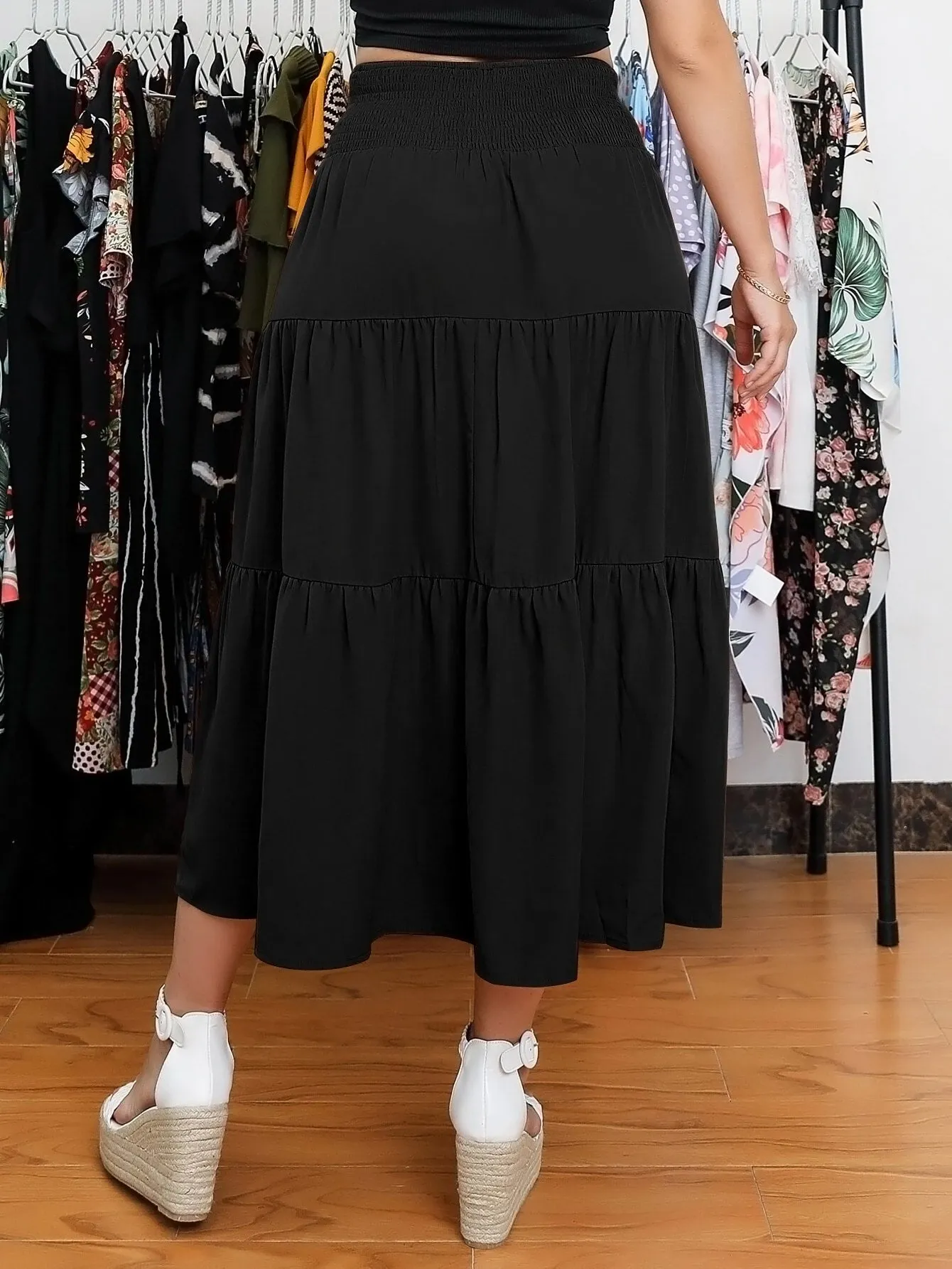 Plain Shirred Long Plus Size Skirt