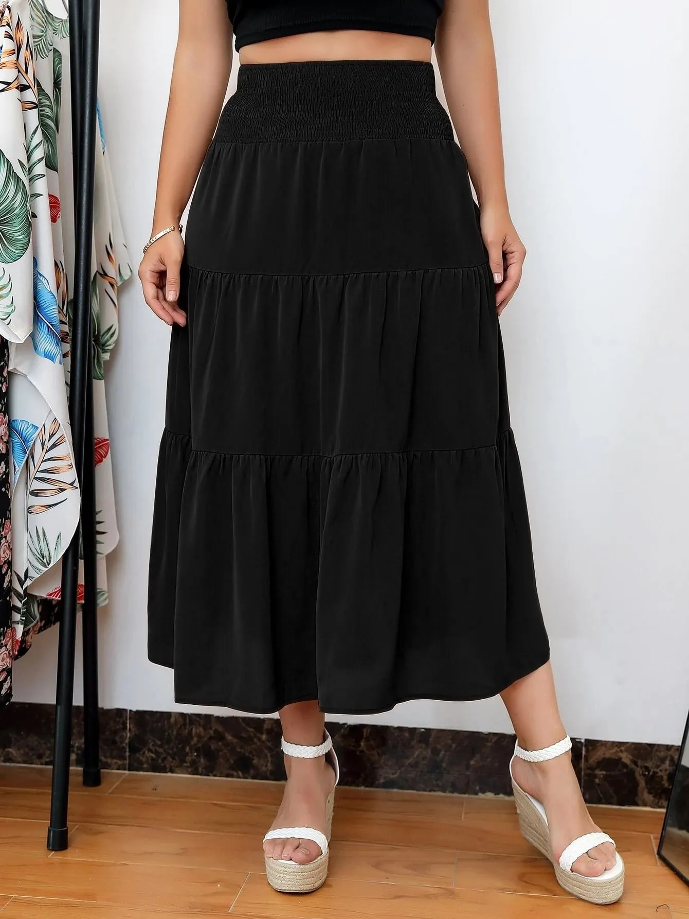 Plain Shirred Long Plus Size Skirt