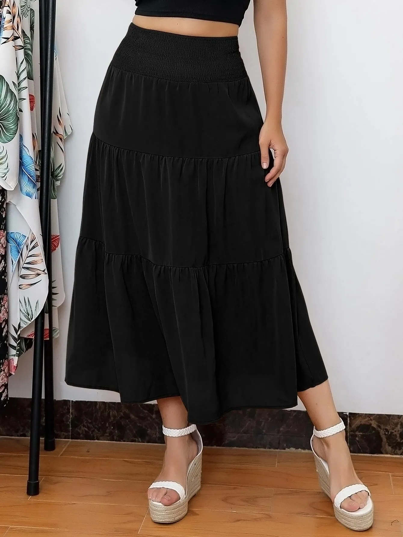Plain Shirred Long Plus Size Skirt
