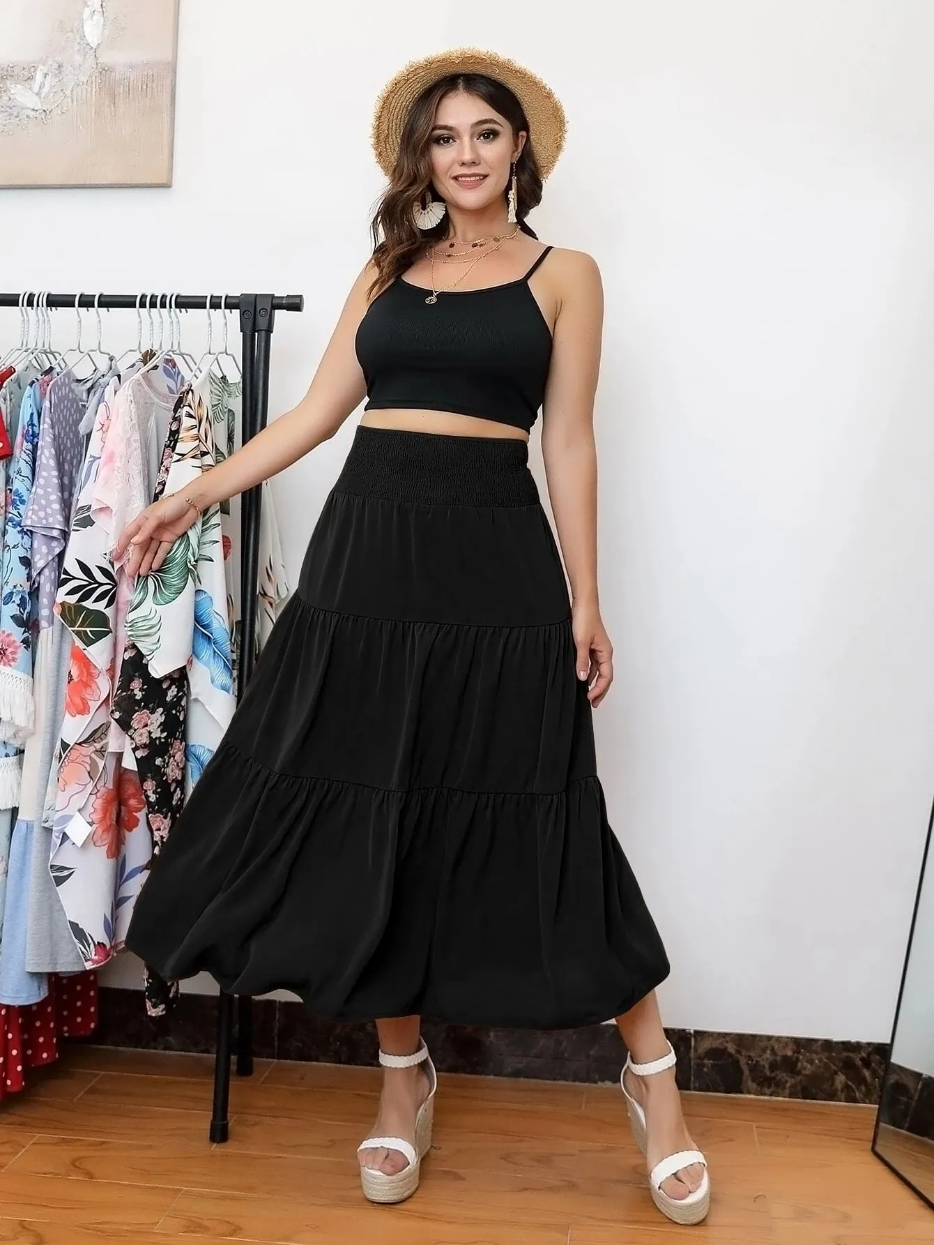 Plain Shirred Long Plus Size Skirt
