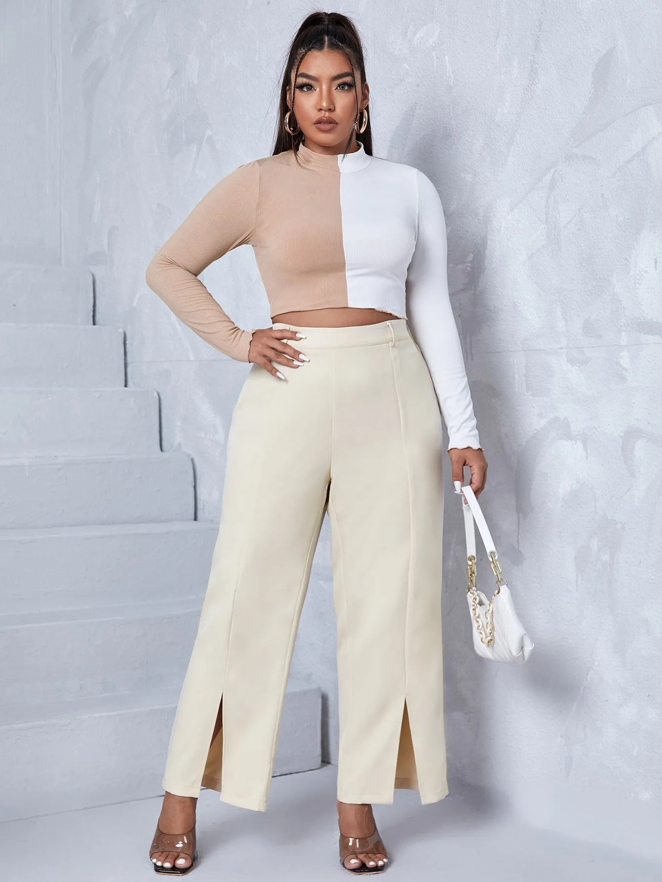 Plain Split Cropped Plus Size Pants
