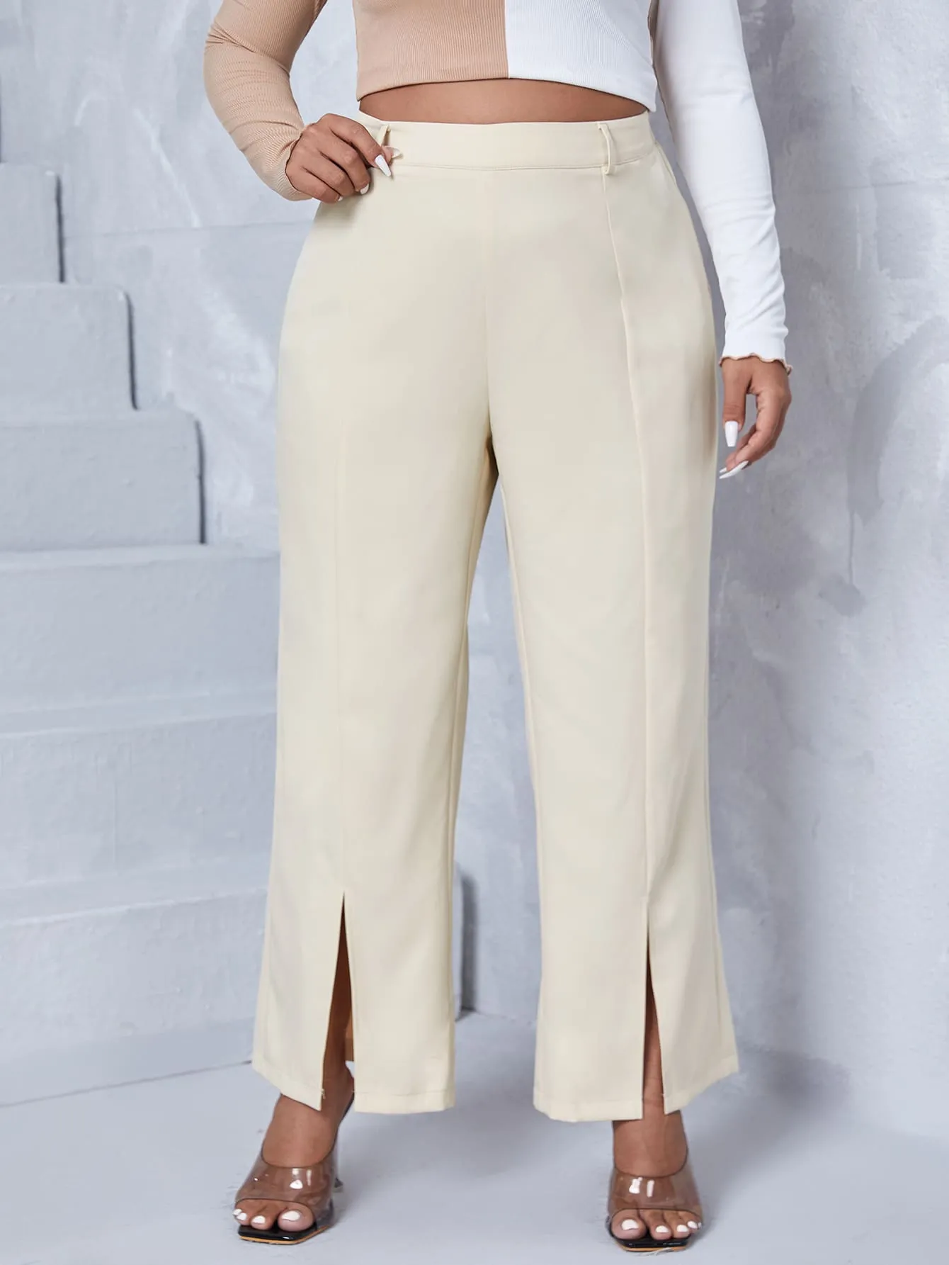 Plain Split Cropped Plus Size Pants