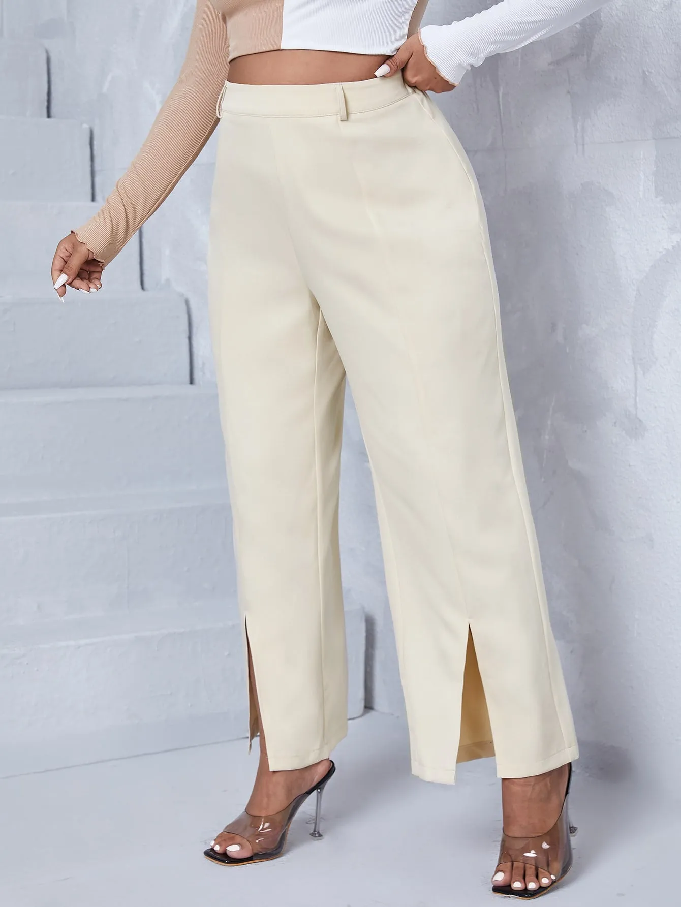 Plain Split Cropped Plus Size Pants