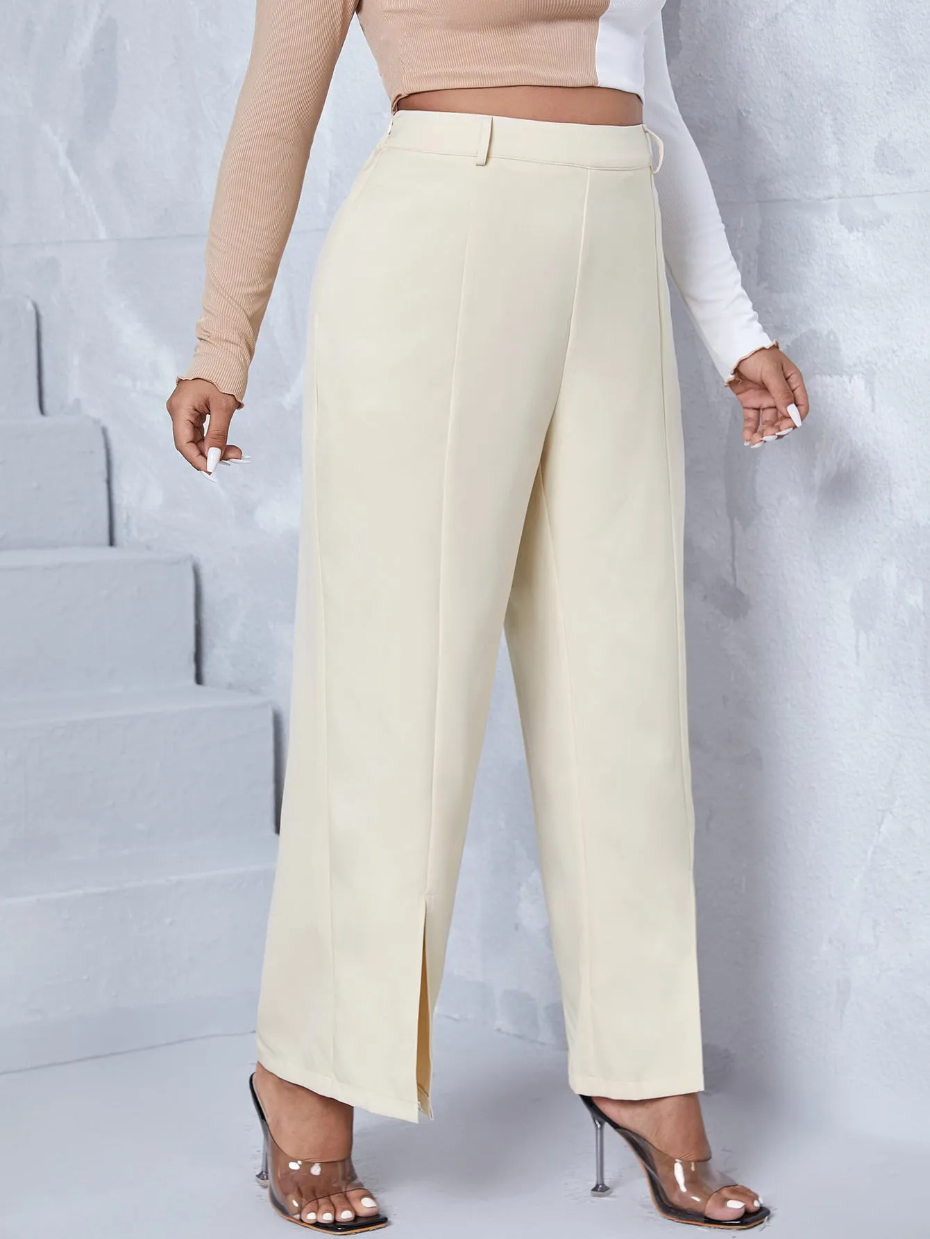 Plain Split Cropped Plus Size Pants