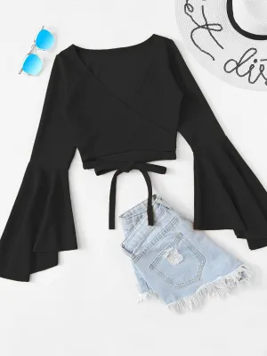 Plain Tie Front Long Sleeve V Neck Crop Plus Size Blouse