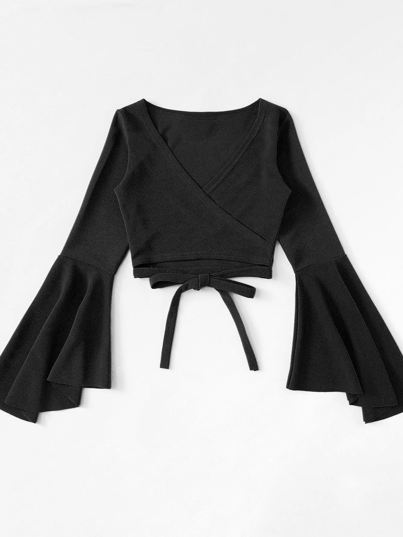 Plain Tie Front Long Sleeve V Neck Crop Plus Size Blouse