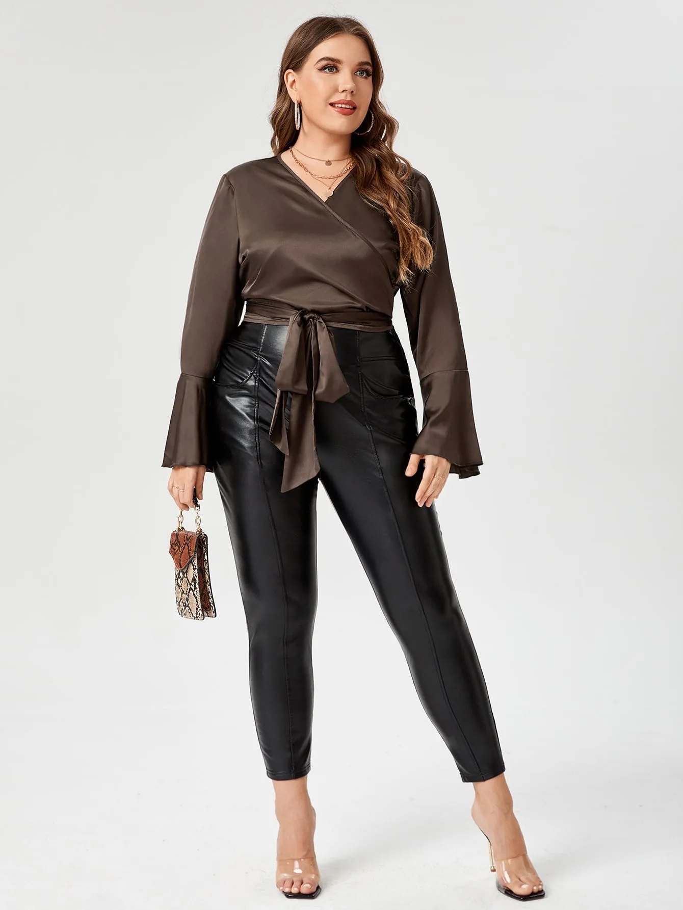 Plain Wrap Long Sleeve V Neck Crop Plus Size Blouse