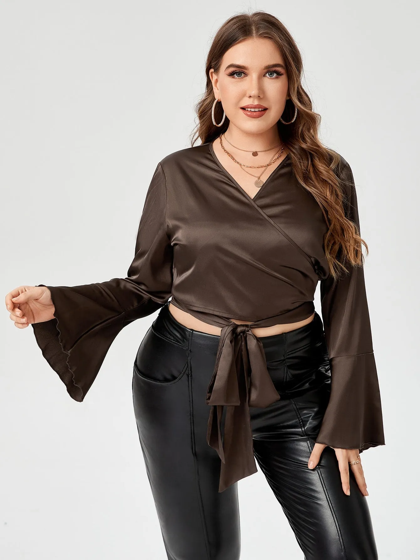 Plain Wrap Long Sleeve V Neck Crop Plus Size Blouse