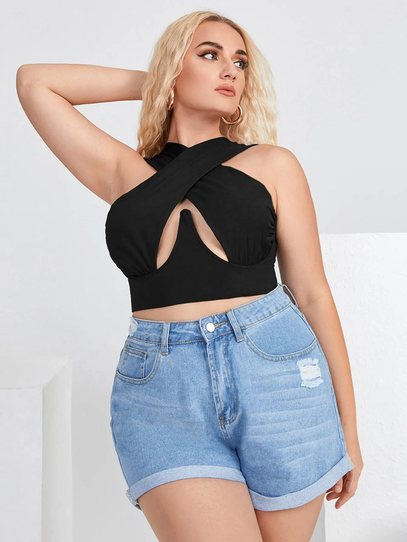 Plain Wrap Straps Crop Plus Size Tank Top & Cami