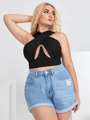 Plain Wrap Straps Crop Plus Size Tank Top & Cami