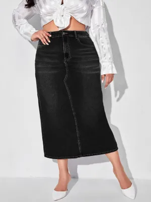 Plain Zipper High Waist Long Plus Size Denim Skirt