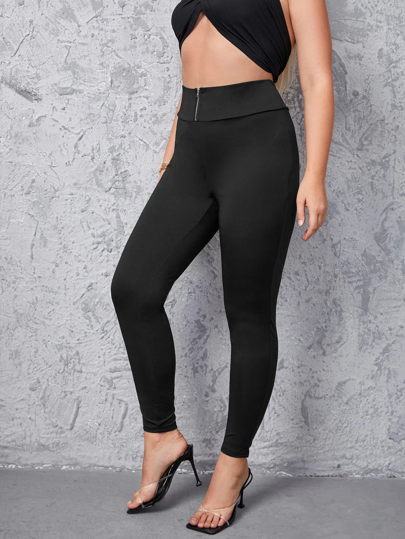 Plain Zipper Long Plus Size Leggings