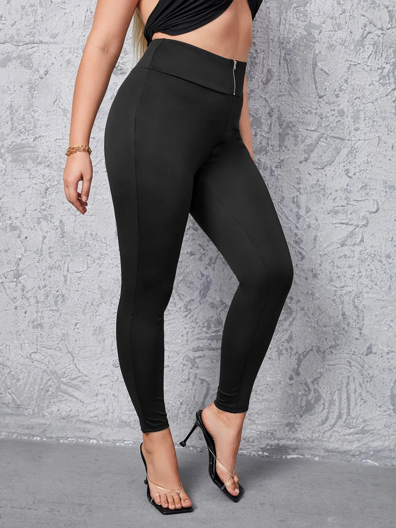 Plain Zipper Long Plus Size Leggings