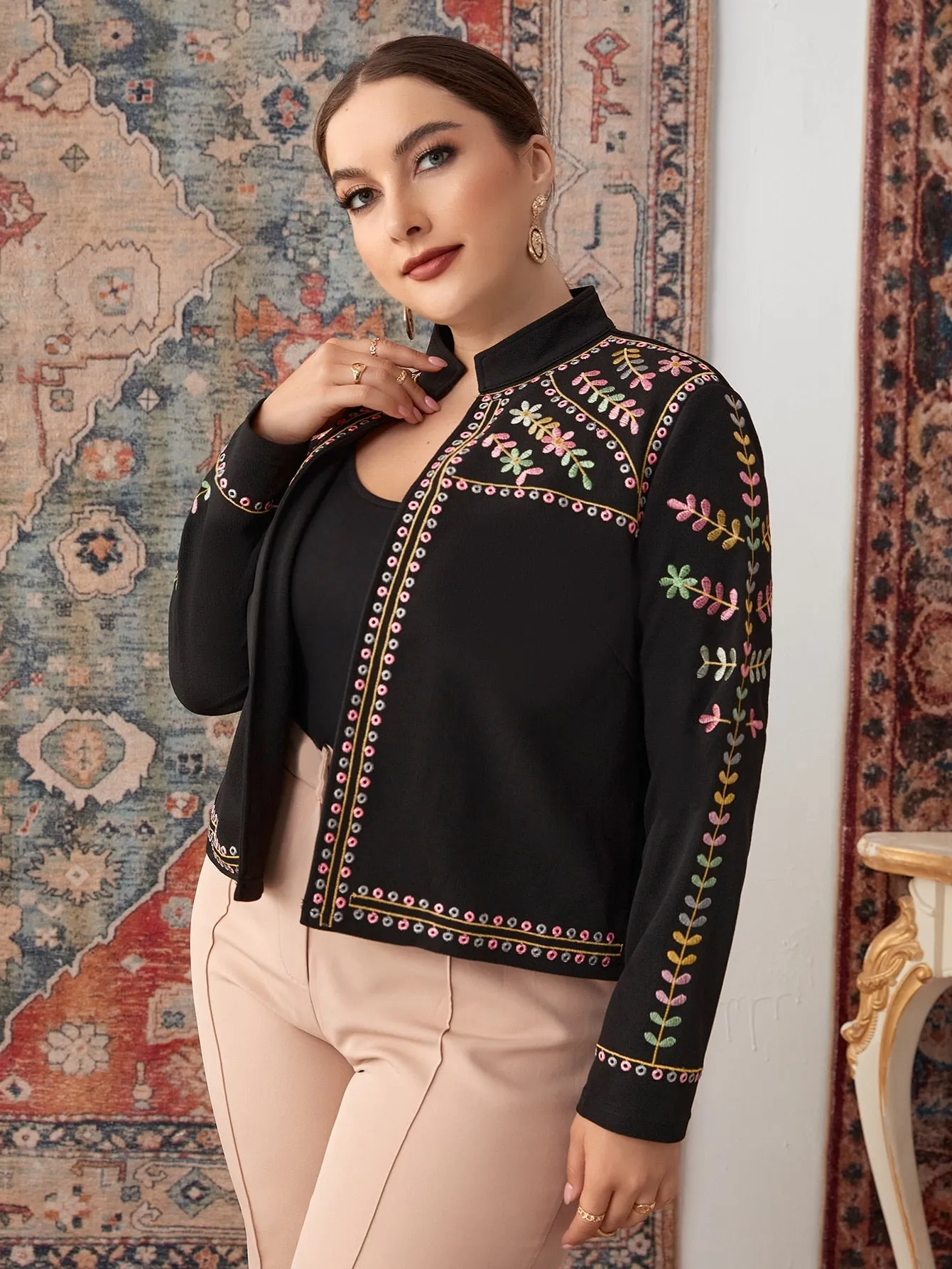 Plants Embroidery Long Sleeve Stand Collar Regular Plus Size Jacket