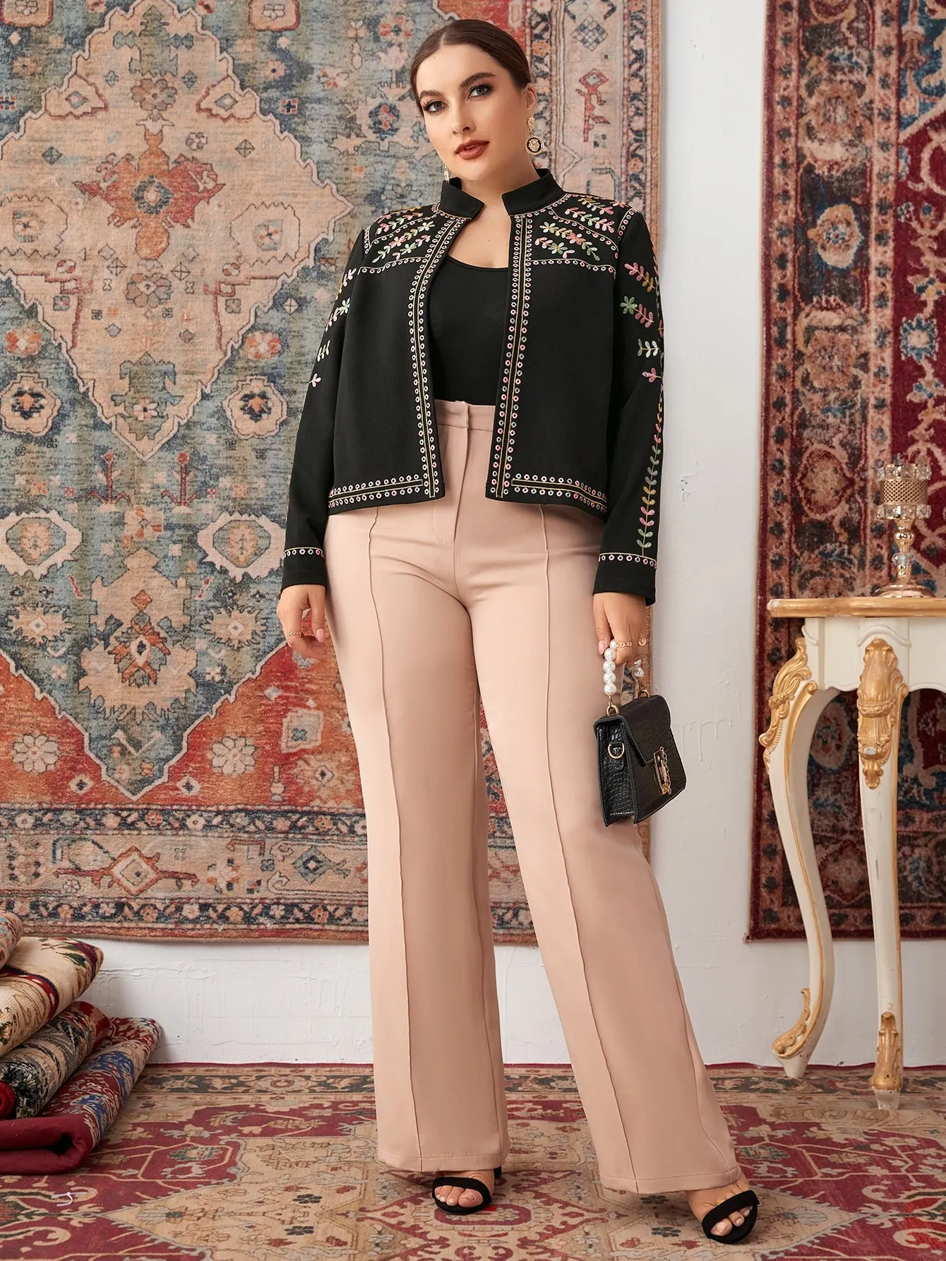 Plants Embroidery Long Sleeve Stand Collar Regular Plus Size Jacket