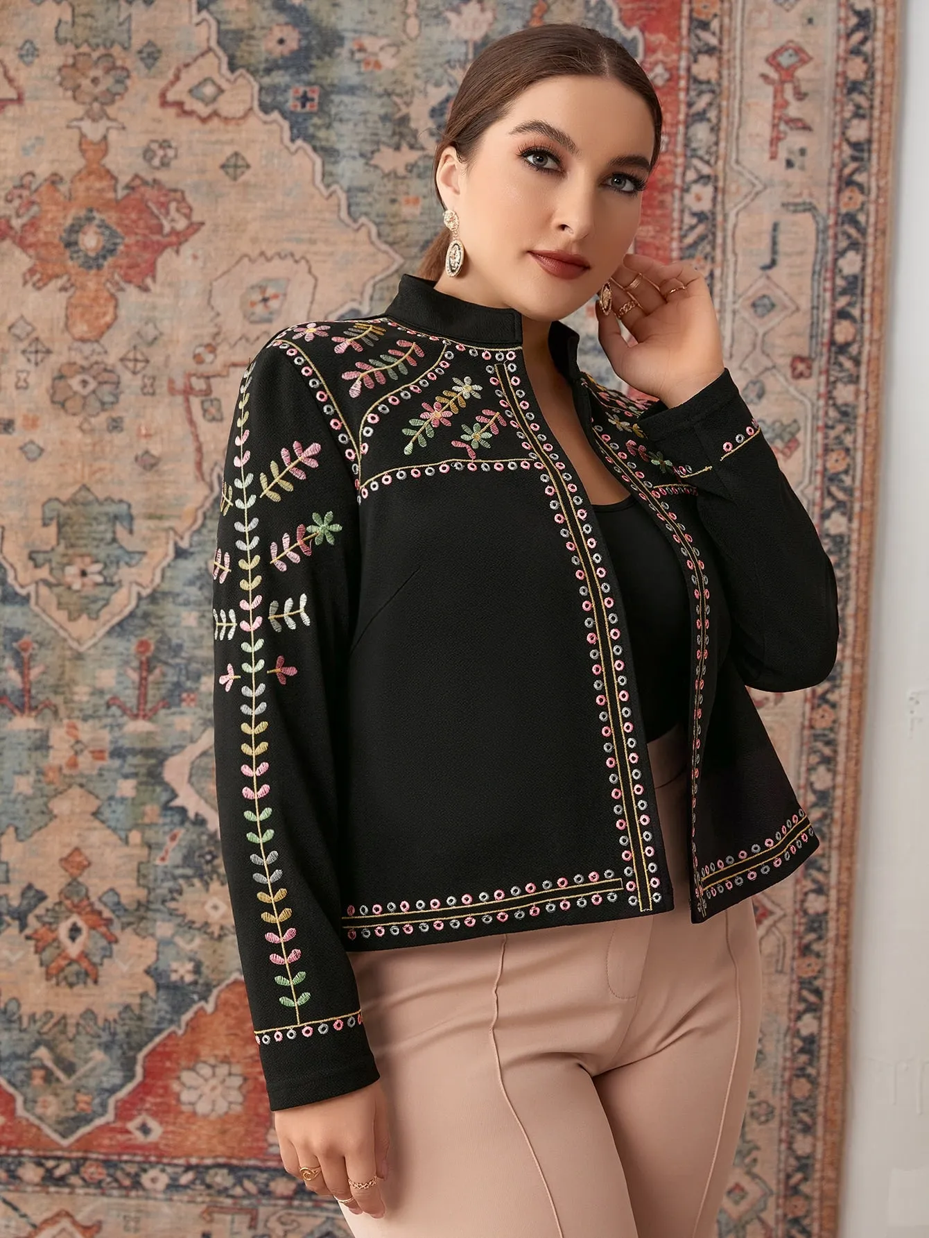 Plants Embroidery Long Sleeve Stand Collar Regular Plus Size Jacket