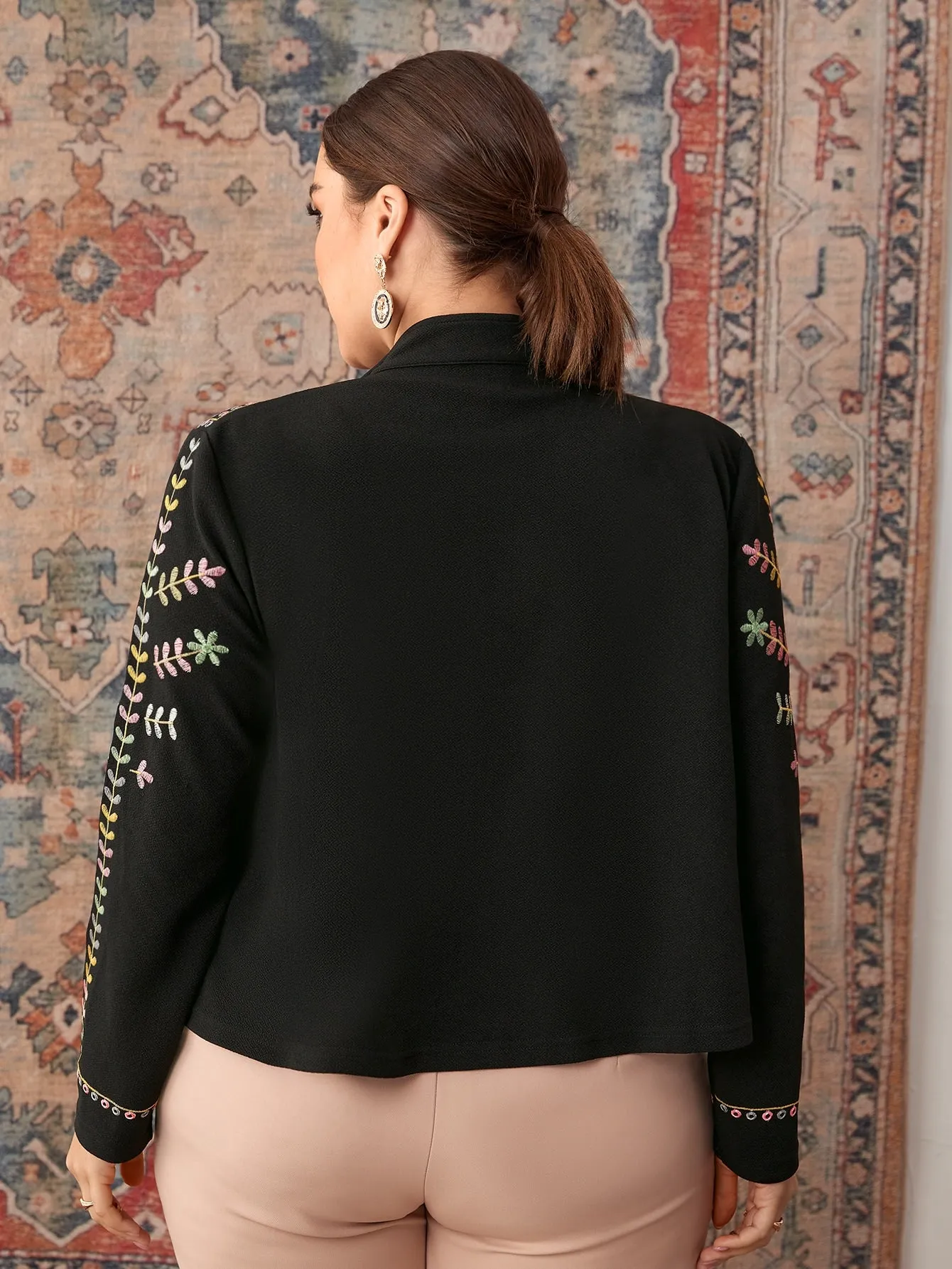 Plants Embroidery Long Sleeve Stand Collar Regular Plus Size Jacket