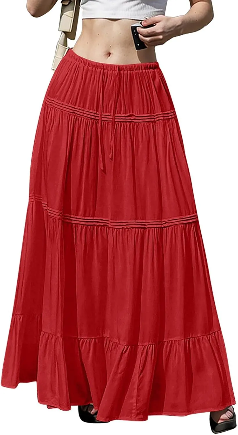 Pleated Linen Skirts for Women Summer Casual Elastic High Waisted Long Skirts A-Line Flowy Swing Maxi Skirt with Pockets