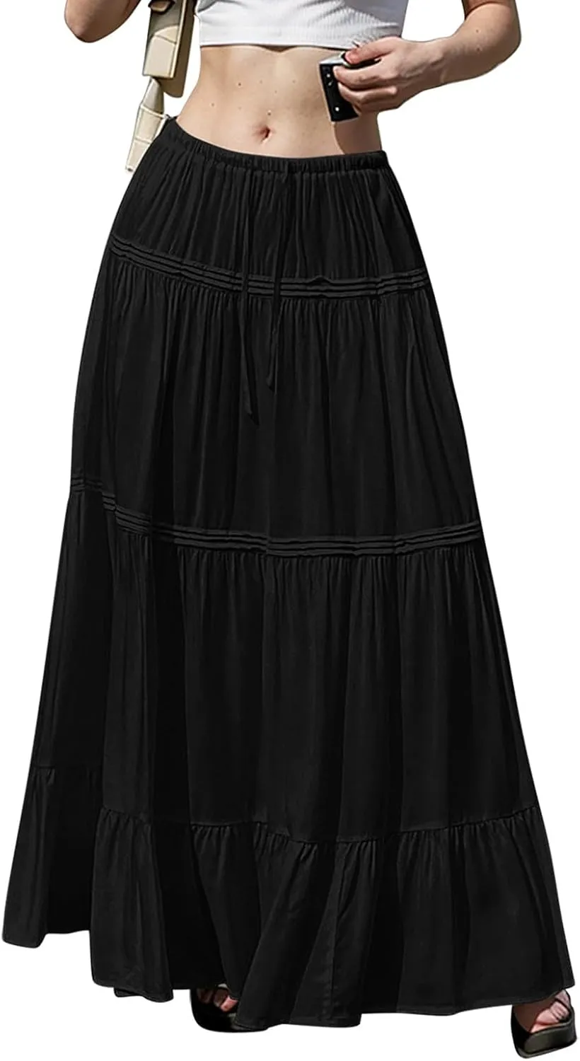 Pleated Linen Skirts for Women Summer Casual Elastic High Waisted Long Skirts A-Line Flowy Swing Maxi Skirt with Pockets