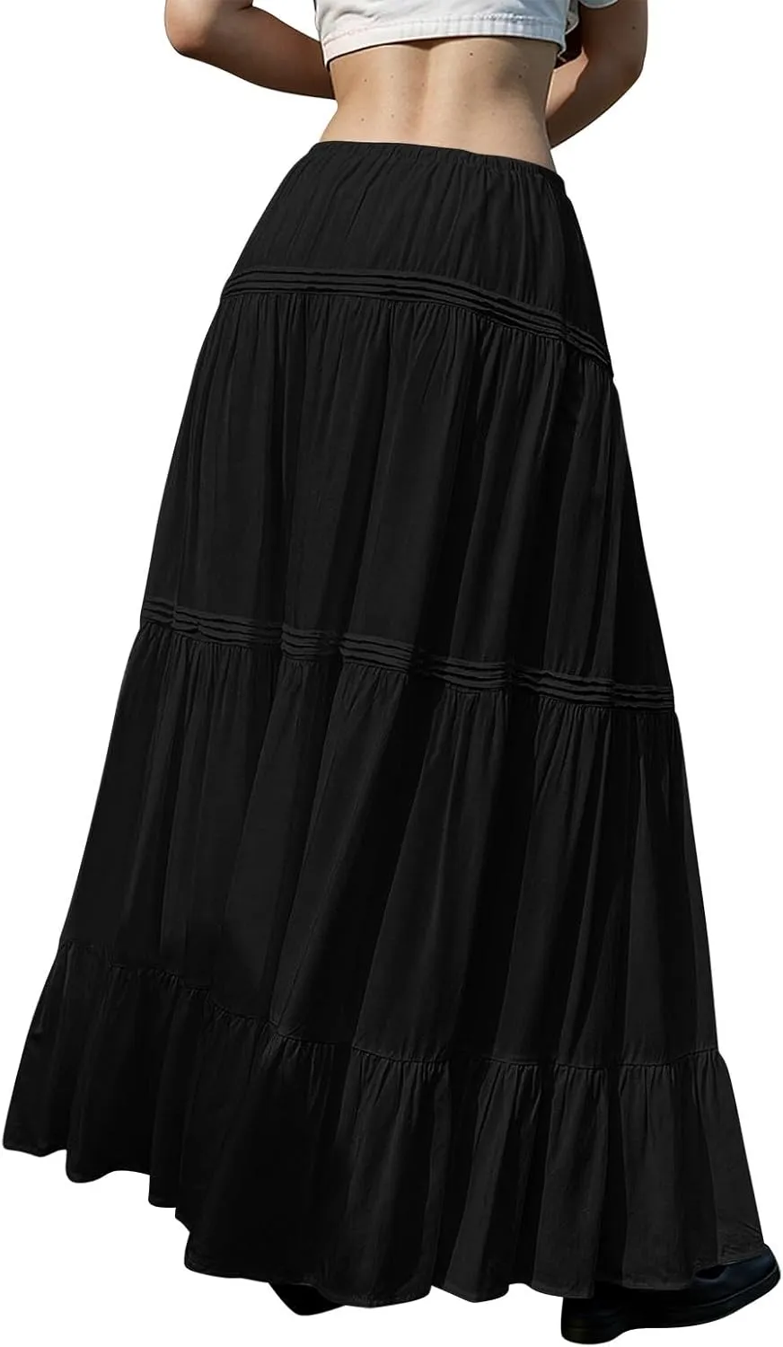 Pleated Linen Skirts for Women Summer Casual Elastic High Waisted Long Skirts A-Line Flowy Swing Maxi Skirt with Pockets