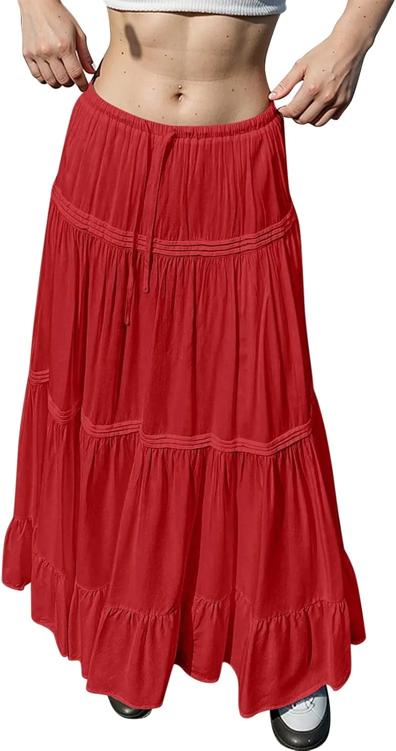 Pleated Linen Skirts for Women Summer Casual Elastic High Waisted Long Skirts A-Line Flowy Swing Maxi Skirt with Pockets
