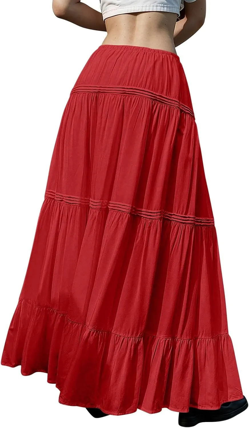 Pleated Linen Skirts for Women Summer Casual Elastic High Waisted Long Skirts A-Line Flowy Swing Maxi Skirt with Pockets
