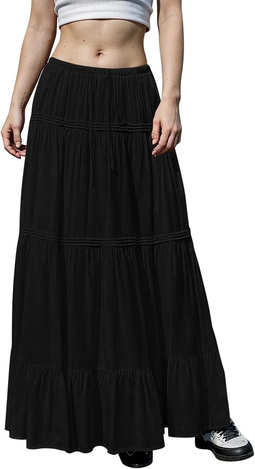 Pleated Linen Skirts for Women Summer Casual Elastic High Waisted Long Skirts A-Line Flowy Swing Maxi Skirt with Pockets