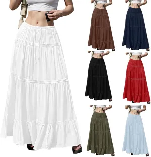 Pleated Linen Skirts for Women Summer Casual Elastic High Waisted Long Skirts A-Line Flowy Swing Maxi Skirt with Pockets