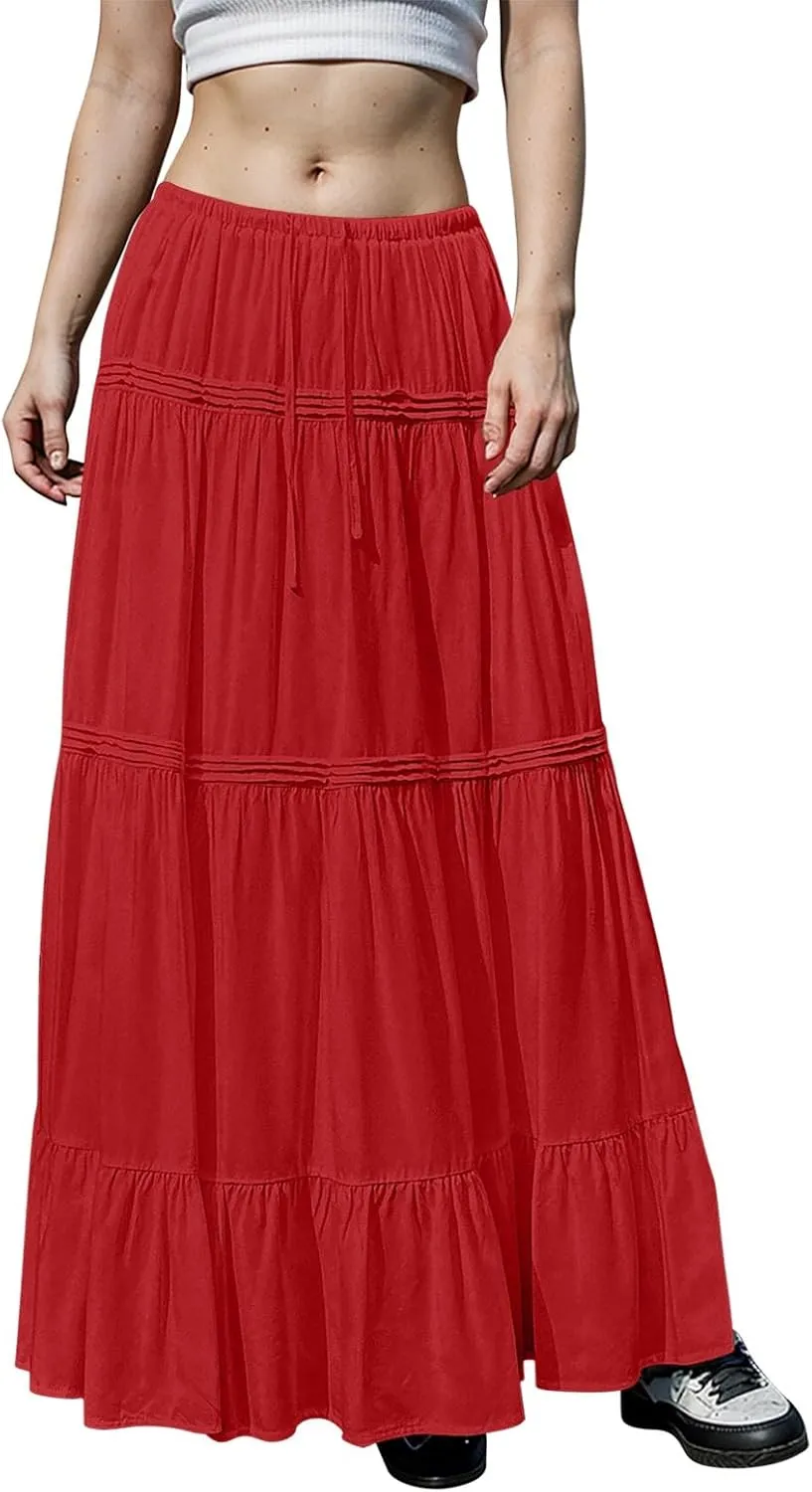 Pleated Linen Skirts for Women Summer Casual Elastic High Waisted Long Skirts A-Line Flowy Swing Maxi Skirt with Pockets