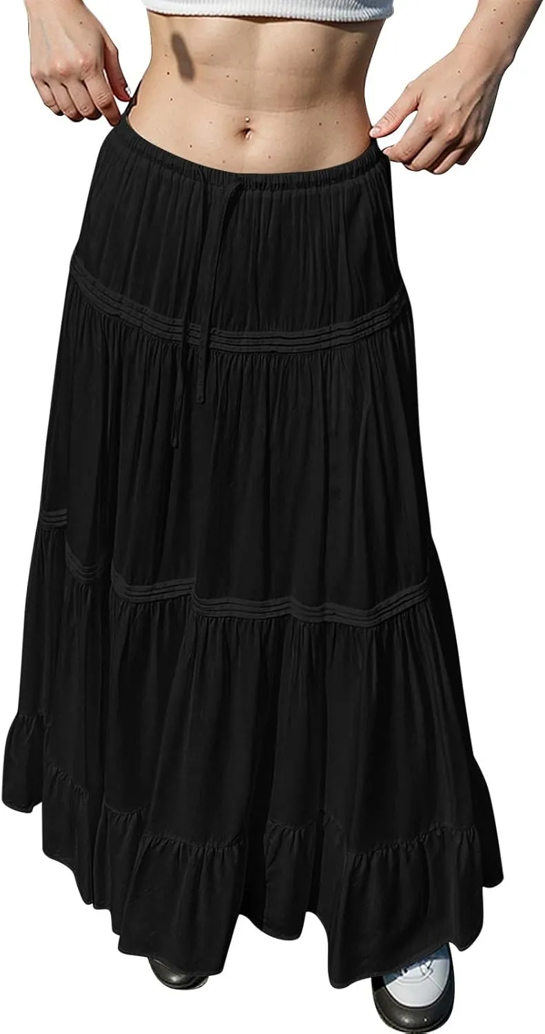 Pleated Linen Skirts for Women Summer Casual Elastic High Waisted Long Skirts A-Line Flowy Swing Maxi Skirt with Pockets