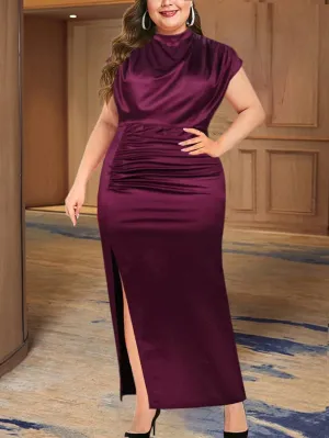 Pleated Slit High Collar Maxi Dress
