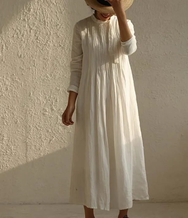 Pleated Women Dresses Ramie Casual Spring Linen Women Dresses SSM97215