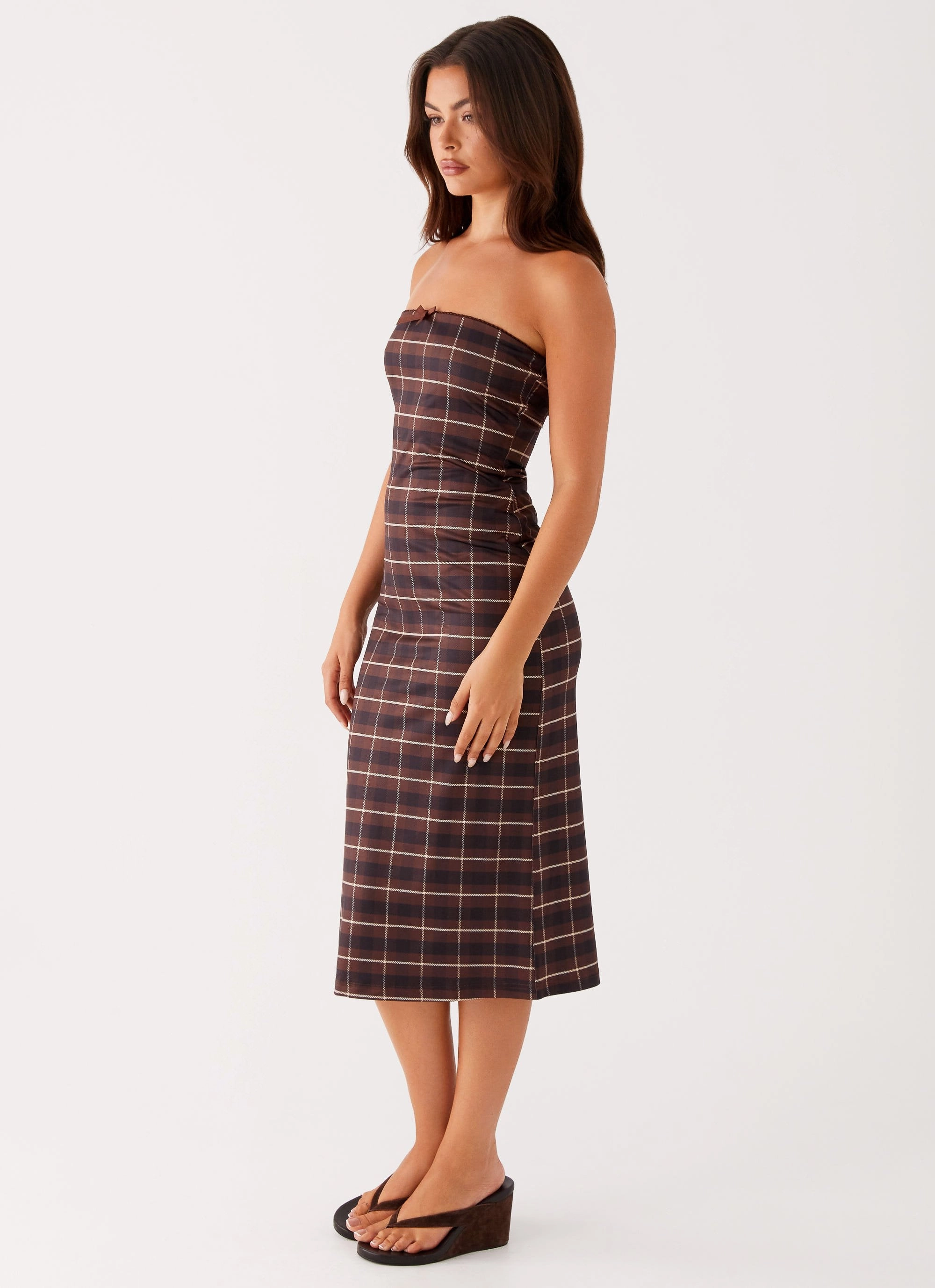 flowy style Zip Ease Niko Strapless Midi Dress - Brown Black Check