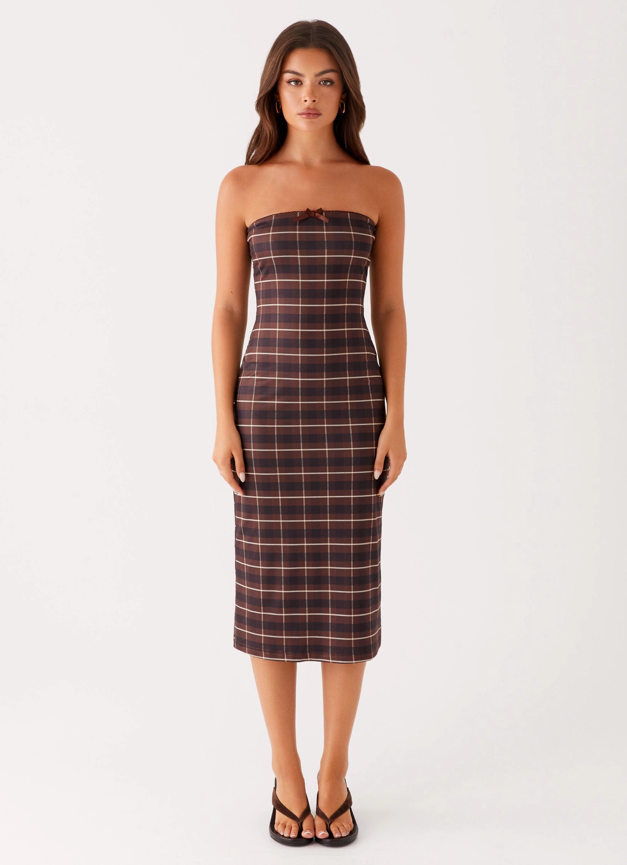 Modern and Stylish Feminine Mood Niko Strapless Midi Dress - Brown Black Check