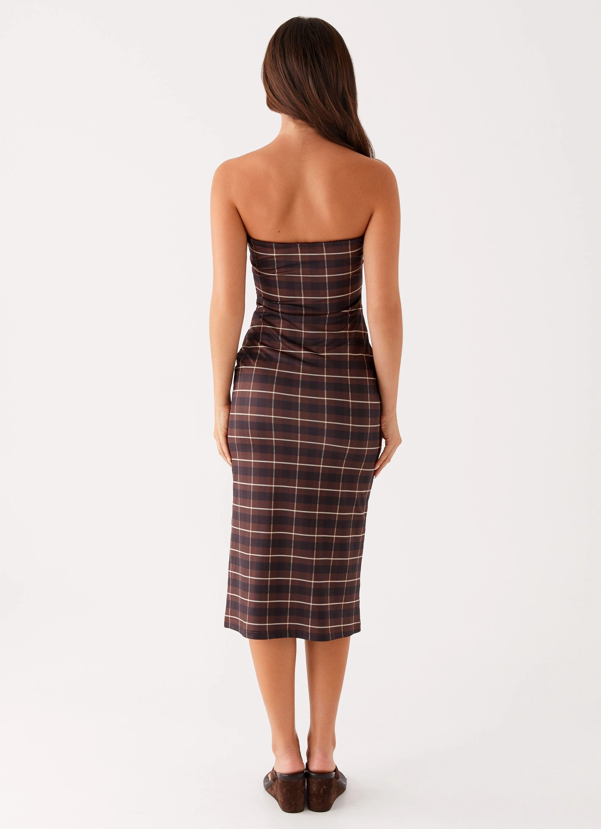 Niko Strapless Midi Dress - Brown Black Check Best-Seller
