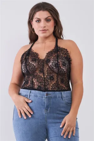 Plus Black Sheer Floral Lace Cross Back Bodysuit